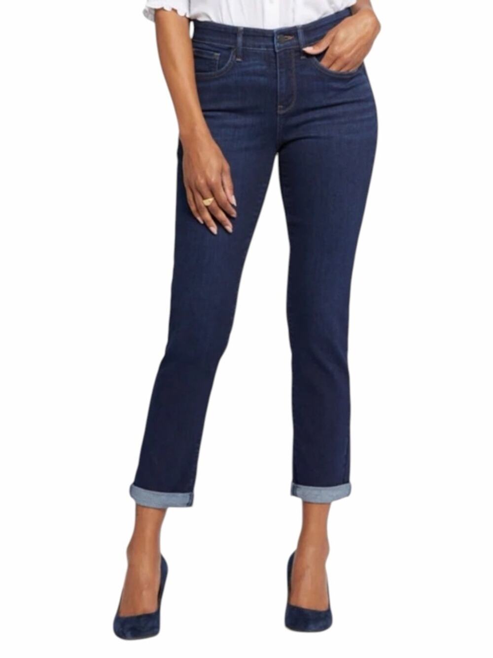 NYDJ Margot Girlfriend Lift Tuck Straight Leg Jeans Size 10 Dark Blue Wash Denim